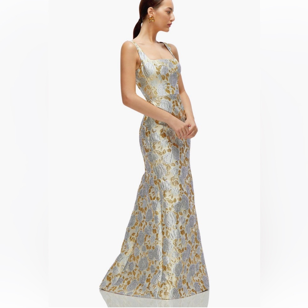 Dessy Collection Metallic Gold and Silver Floral Jacquard Maxi Dress - Picture 5 of 10